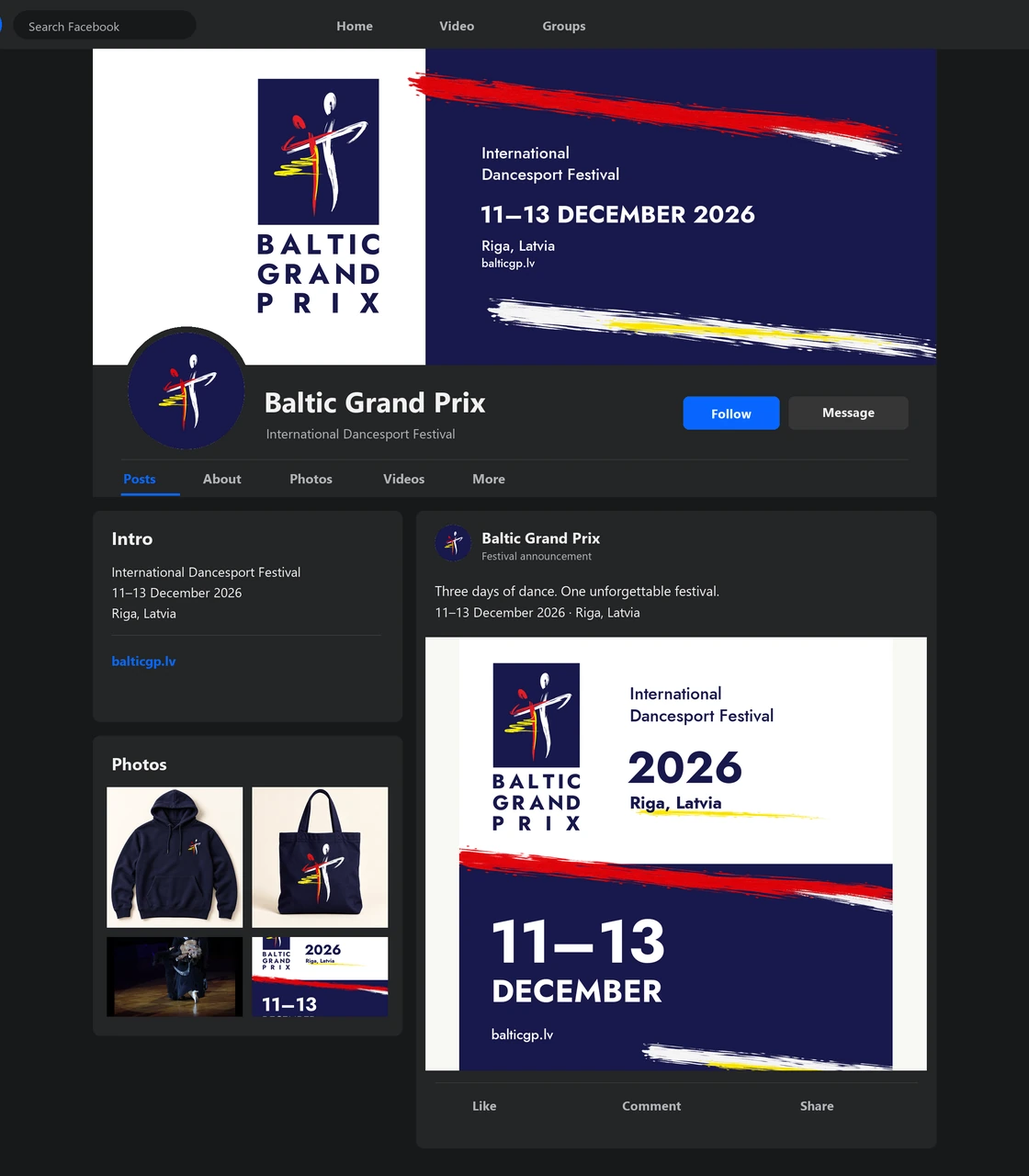 Facebook dark-mode page presentation with Baltic Grand Prix identity