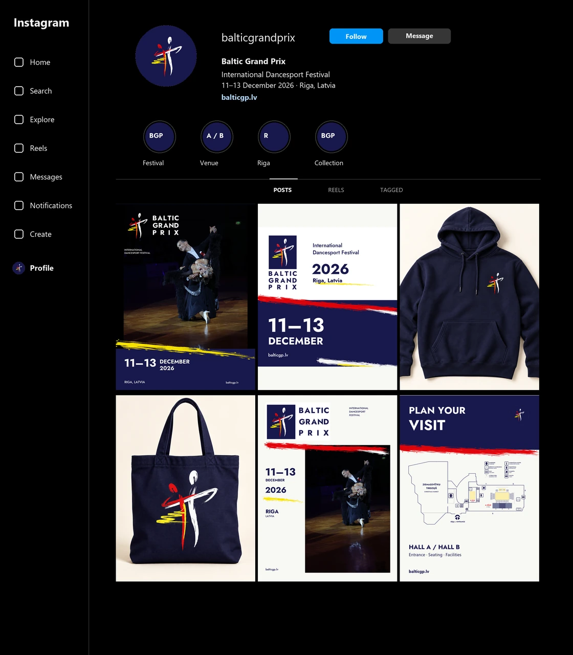 Instagram dark-mode profile presentation with Baltic Grand Prix identity