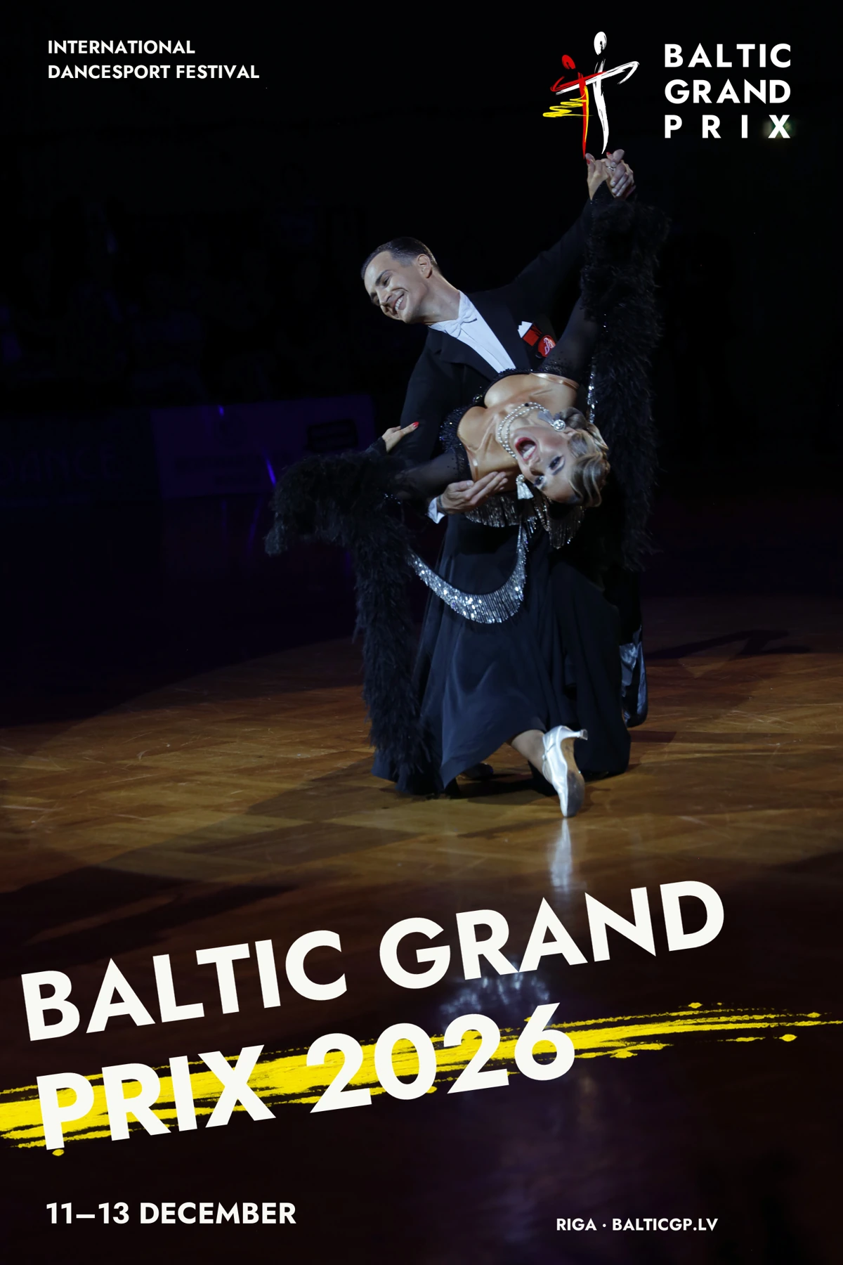Baltic Grand Prix poster with diagonal red paint and dance photography